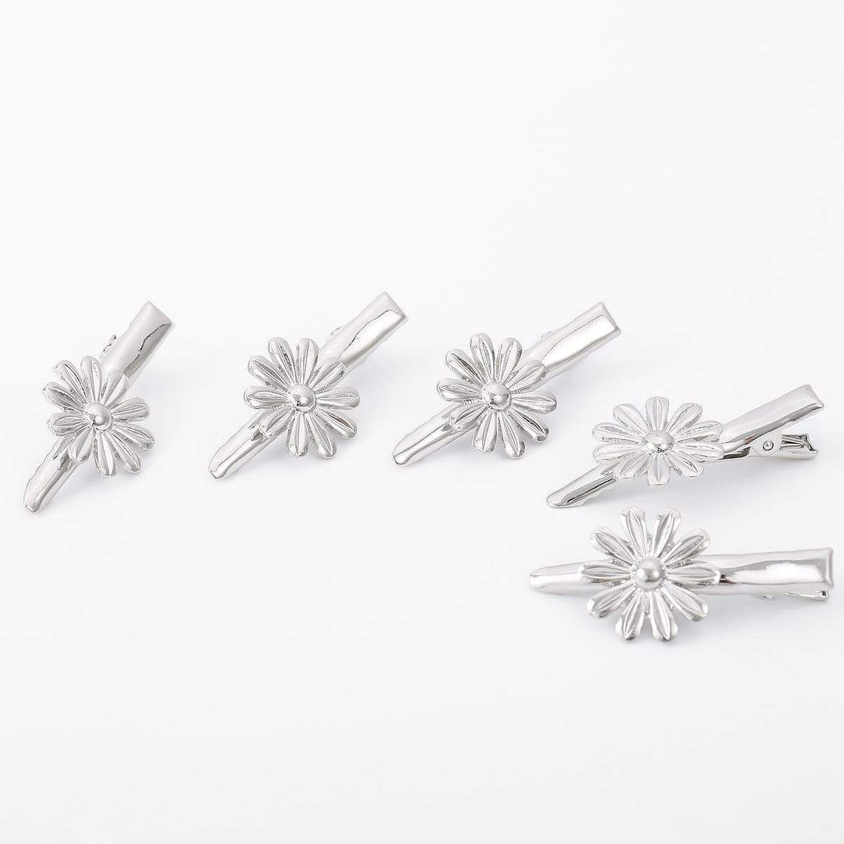 Trendy 5 Pieces Silver Tone Floral Pattern Hair Clip