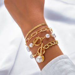 Trendy Toggle Clasp Round Disk Pearl Chain Stackable Bracelet Set