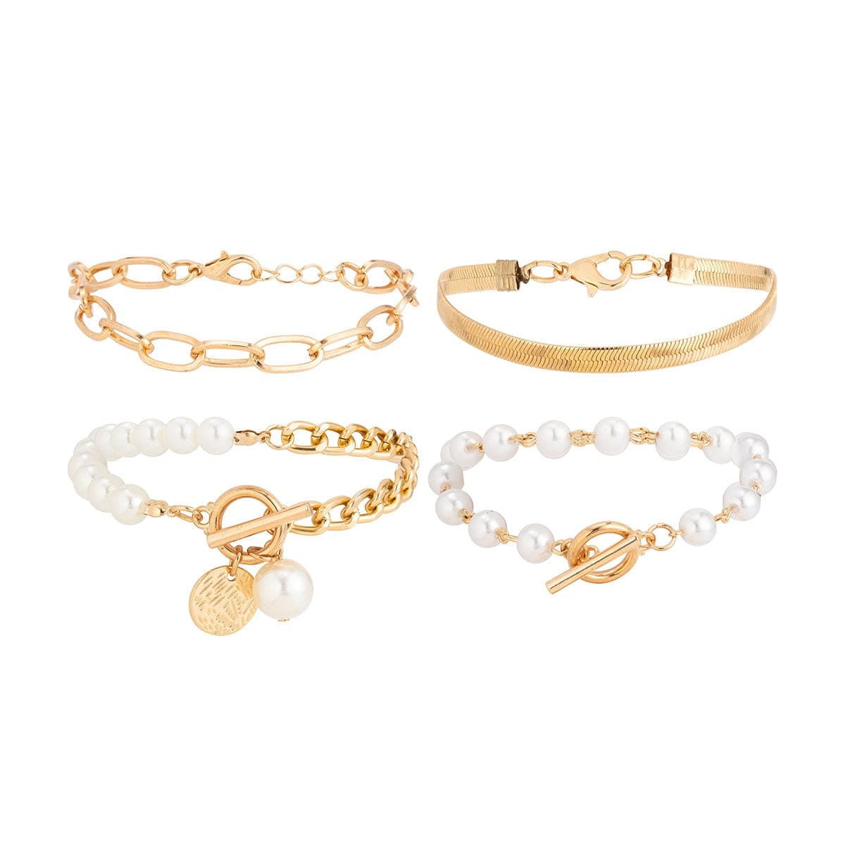 Trendy Toggle Clasp Round Disk Pearl Chain Stackable Bracelet Set