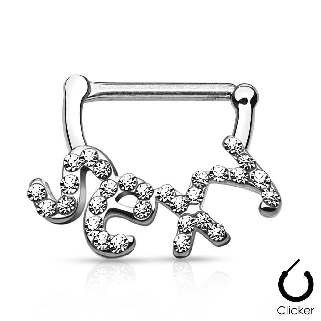 White CZ Paved "Sexy" 316L Surgical Steel Nipple Clickers Ring Shield