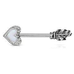 White Opal Heart & Feather Arrow Surgical Steel Nipple Ring Barbell