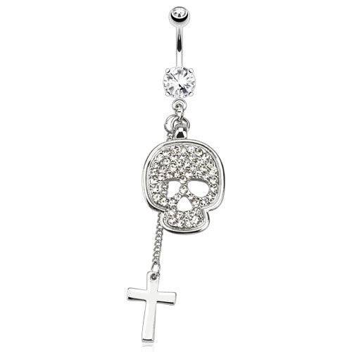 White Studded Gems on Dangle Skull with Cross Belly Button Navel Ring