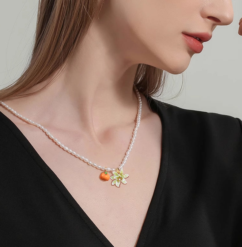 18K Orange Blossom Freshwater Rice Pearl Enamel Necklace