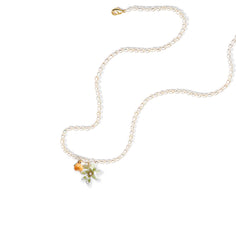 18K Orange Blossom Freshwater Rice Pearl Enamel Necklace